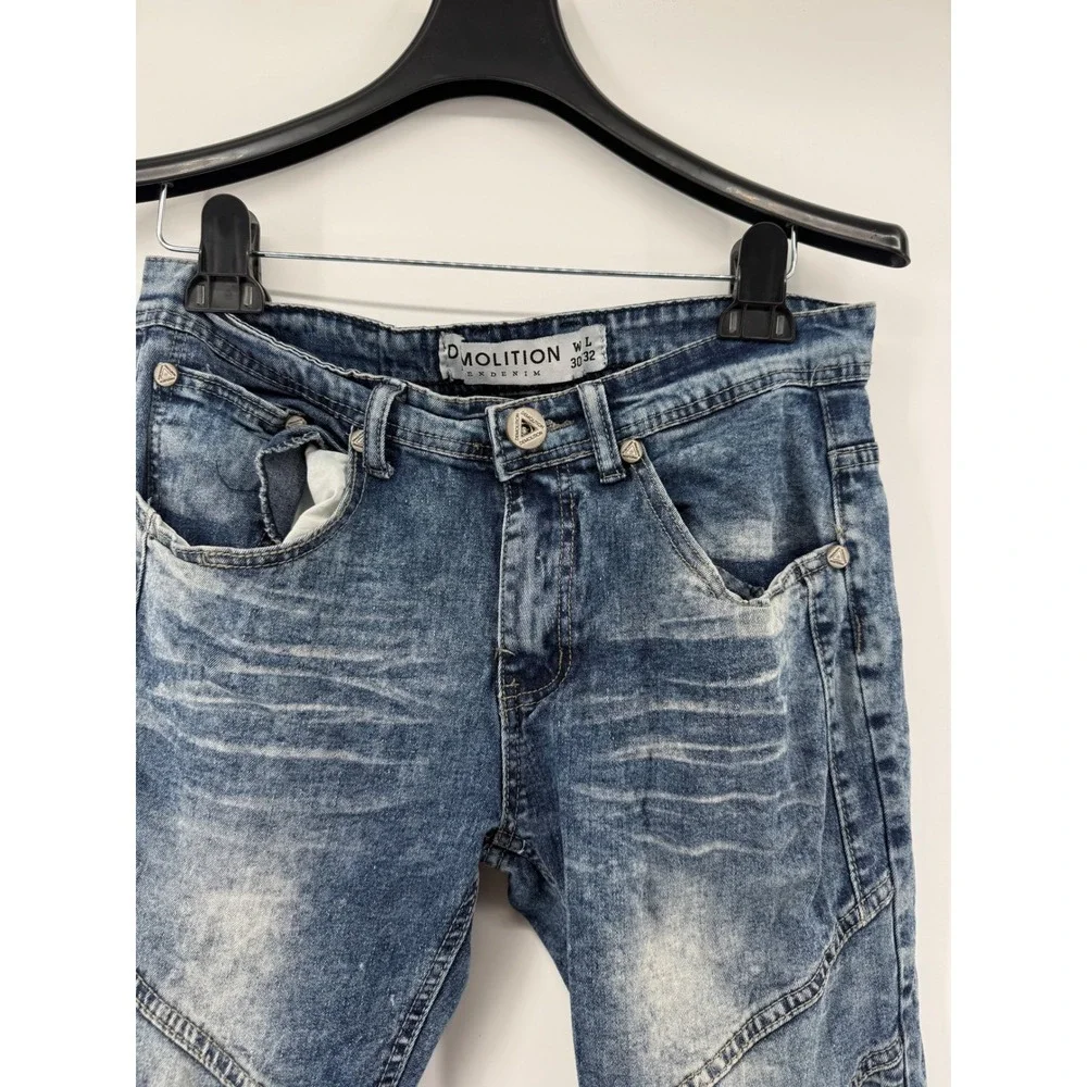 Demolition Ex Denim Mens 30x32 Biker Moto Jeans Acid Wash Blue Distressed Slim